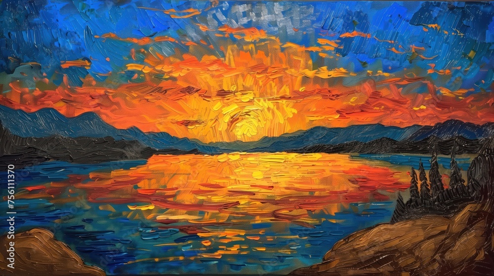 Sunset, Sun streaks orange and yellow across a blue sky, casting its glow on a rippling lake. Mountains rise in the distance, framed by vibrant brushstrokes. Trees and rocks