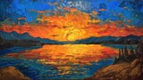 Sunset, Sun streaks orange and yellow across a blue sky, casting its glow on a rippling lake. Mountains rise in the distance, framed by vibrant brushstrokes. Trees and rocks