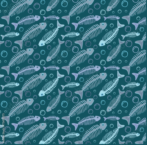 Skeletons of floating fish with bubbles at the bottom. vector seamless pattern in graphic style. Blue-green background. Graphic arts. Fish bones float deep underwater.