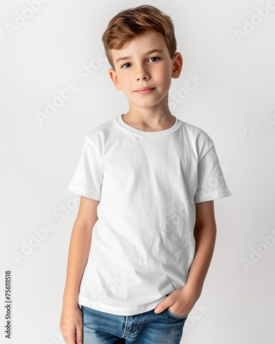 Boy in white t-shirt looking at camera