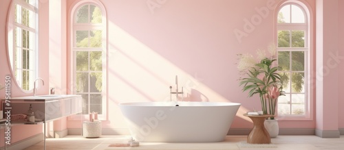 Modern bathroom with pastel pink walls  bathtub  and large window.
