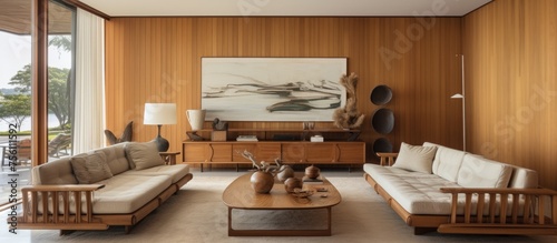 A living room featuring wood furniture and a painting displayed on the wall, creating a cozy and inviting atmosphere in the house