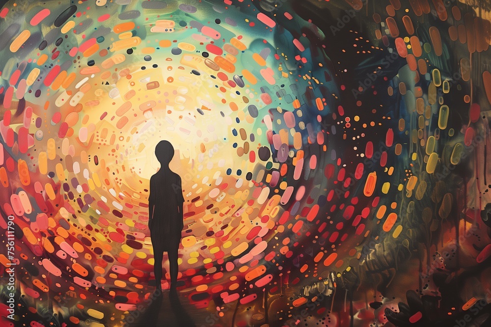 A lone silhouette stands before a swirling vortex of abstract, colorful lights, evoking a sense of cosmic introspection in this painting.
 - obrazy, fototapety, plakaty 