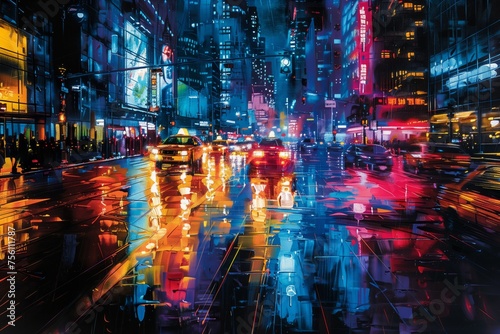 A vibrant city street at night, bathed in the neon glow of signs reflected on the slick, rain-soaked pavement. 