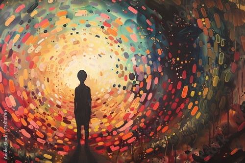 A lone silhouette stands before a swirling vortex of abstract, colorful lights, evoking a sense of cosmic introspection in this painting.
 photo