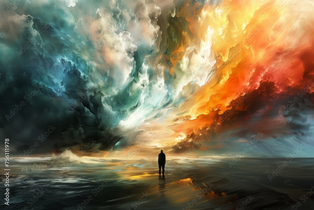 A lone figure stands on a reflective surface, gazing at an awe-inspiring sky where tumultuous clouds of fire and ice collide.
