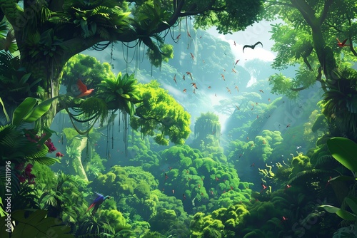 A digital art creation of a dense  mystical rainforest  with beams of sunlight piercing through the lush greenery and birds flying in the distance. 