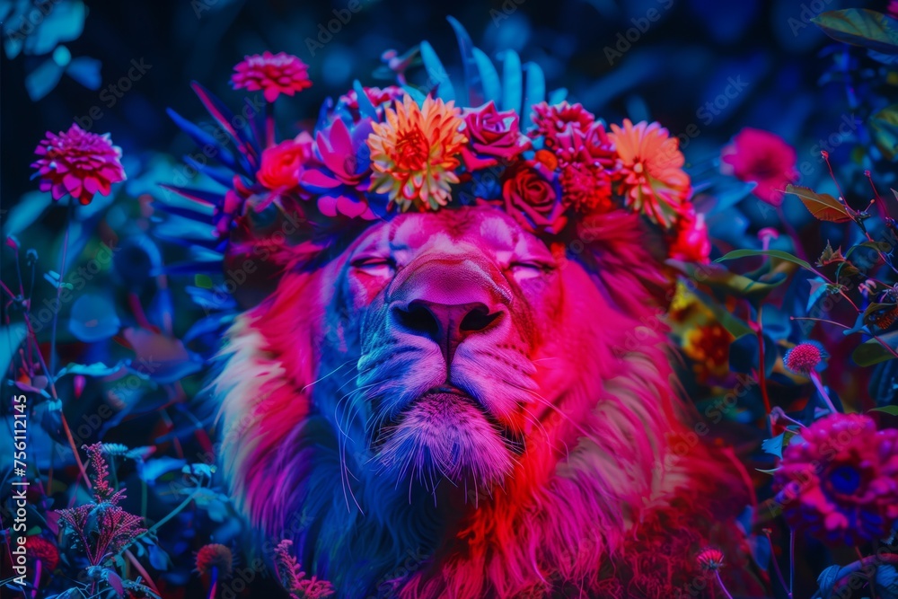 A serene lion adorned with a colorful crown of flowers rests within a mystical, neon-lit floral setting.
