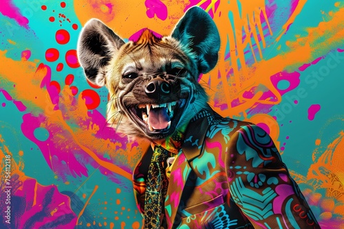 A hyena exudes joy in a laugh, dressed in a brightly colored suit and tie, with a splashy, vibrant background. 