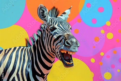 A striking image of a zebra with its mouth open as if laughing  set against a vibrant pop art polka dot background. 