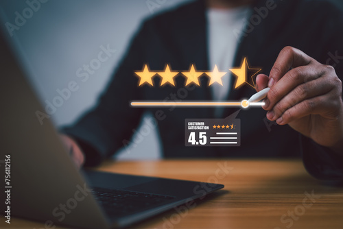 Hand drags scroll bar for rated 5-star service or product evaluation experience. Customer satisfaction survey concept. Client review quality of services leading to business reputation ranking score.