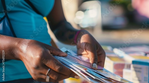 A closeup of a volunteers hands as they work diligently to distribute educational materials such as flyers and brochures to a local community. The image showcases the power
