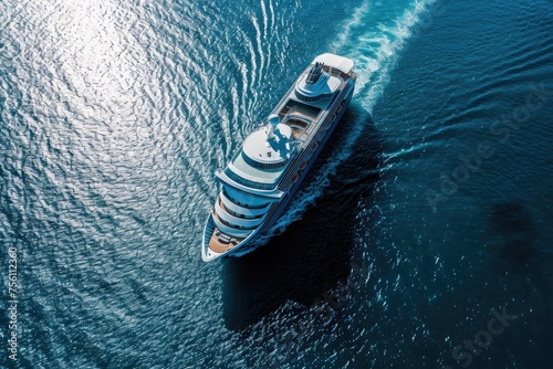 Cruise liner at sea from above, sunlight reflecting on waters © InfiniteStudio