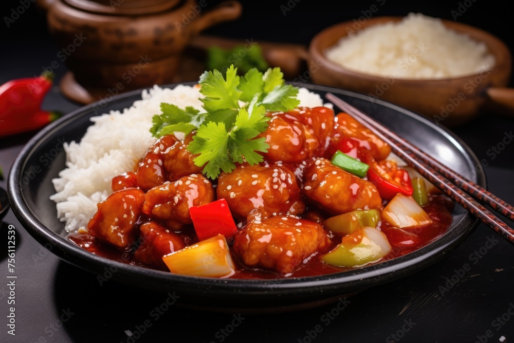 Chinese dish, pork in sweet sauce on dark background Chinese dish, pork in sweet sauce on dark background