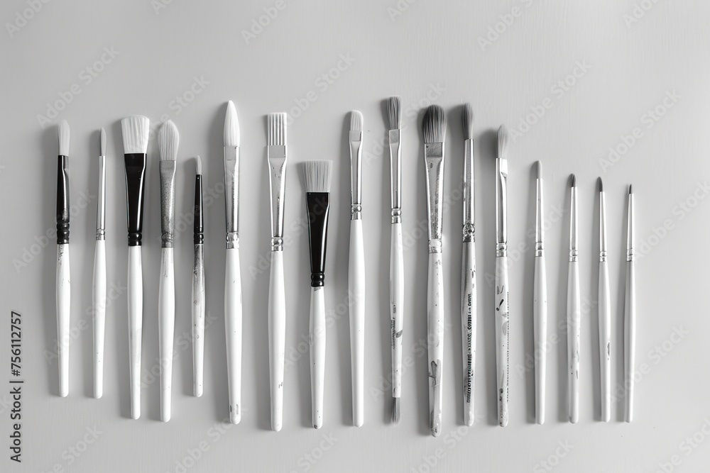 A minimalist set of paintbrushes aligned on a soft grey backdrop inspiring creativity