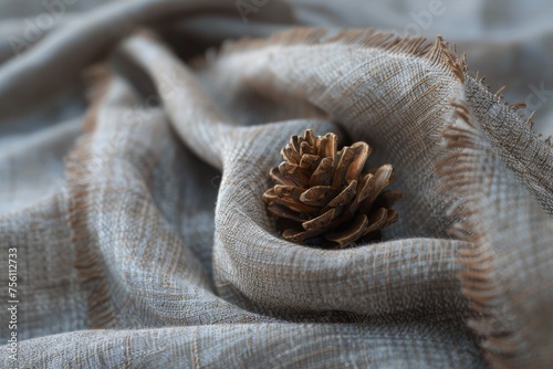 A lone pine cone on a soft muted fabric