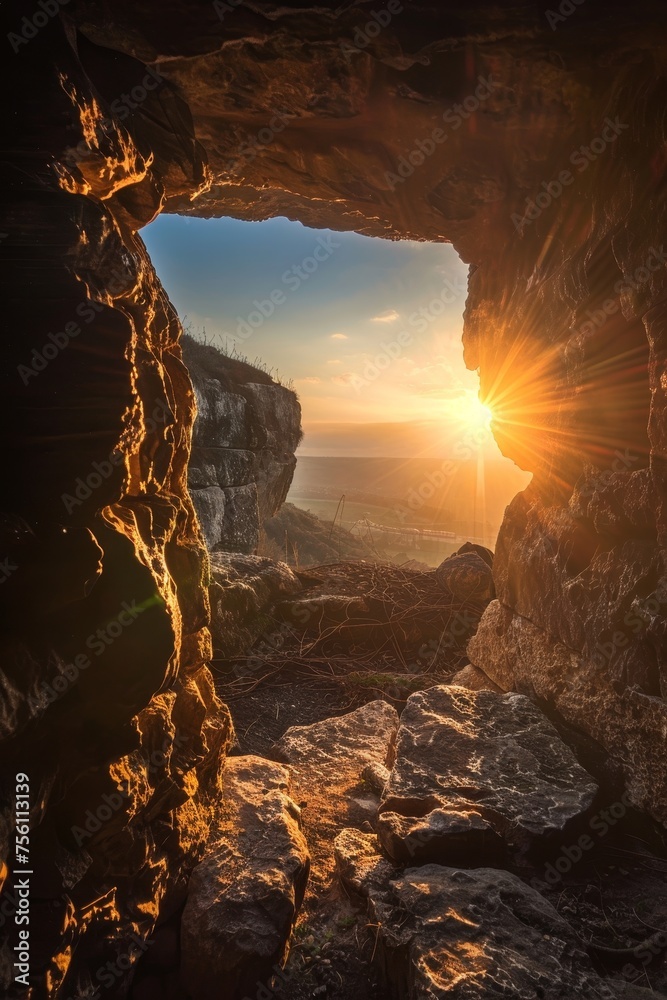 Renewal and Resurrection: The Warm Glow of Sunrise Illuminates the Empty Easter Tomb