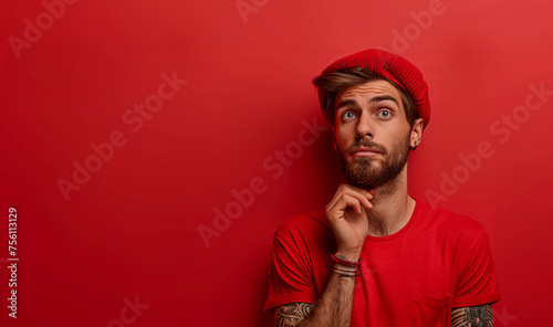 20s white man, worried, thinking  and doubtful, with his hand on his face, wearing red t-shirt and cap, isolated on red background  © Favio