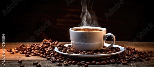 A cup of fragrant coffee with roasted beans on a wooden surface.