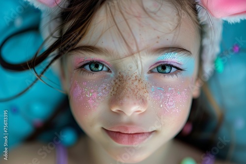 Easter Joy Captured Through the Lens: Young Girl with Bunny Ears and Colorful Makeup Shares a Moment of Happiness