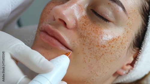 A woman receiving laser treatment for her melasma a type of skin discoloration. The laser targets and breaks up the excess pigment in the skin resulting in a more even skin photo
