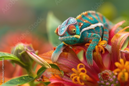 A tiny chameleon with oversized eyes changing colors on a vibrant flower