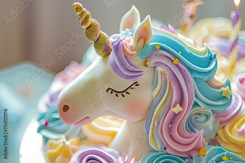 A whimsical unicorn-themed cake with colorful buttercream and edible glitter