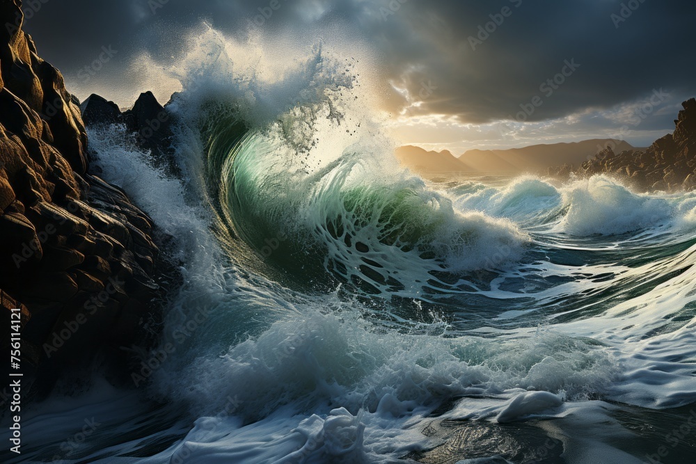 A massive wind wave crashes against the rocky shoreline under the cloudy sky - obrazy, fototapety, plakaty 