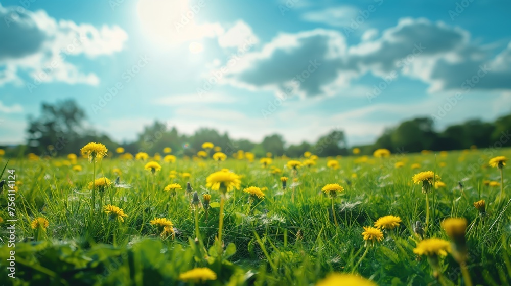 Obraz premium Beautiful meadow field with fresh grass and yellow dandelion flowers in nature against a blurry blue sky with clouds. Summer spring perfect natural la