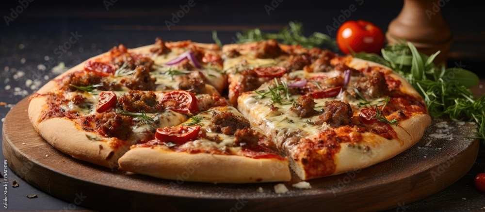 A Californiastyle pizza, topped with pizza cheese, is resting on a wooden cutting board, a staple food and popular fast food dish A Californiastyle pizza, topped with pizza cheese, is resting on a wooden cutting board, a staple food and popular fast food dish
