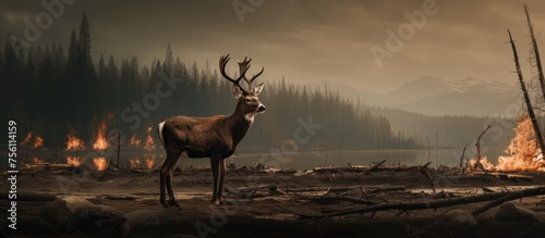 A deer is seen in a natural landscape, with a fire blazing in the background. The majestic animal stands gracefully in the field, showcasing its elegant horns © 2rogan