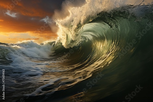At sunset, a huge wave crashes in the ocean, against a colorful sky and horizon