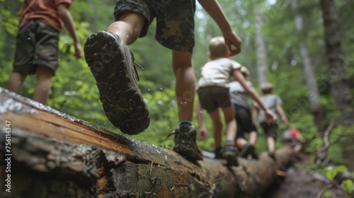 A group of children climbing over a fallen tree using their hands and feet to navigate the obstacle.