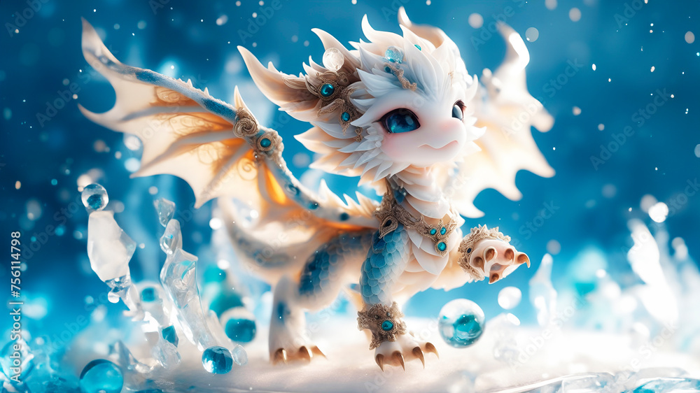 baby dragon dancing in snow, anthropomorphic cute animal with wings, blue and golden cartoon dragon, wall art for home decor, wallpaper for cellphone, mobile smart cell phone background