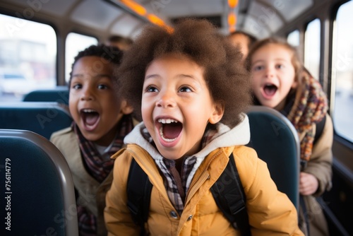 Joyful ride: fun students on a school bus, sharing laughter and creating memories on their journey to school, embodying the spirit of friendship and adventure during their commute together