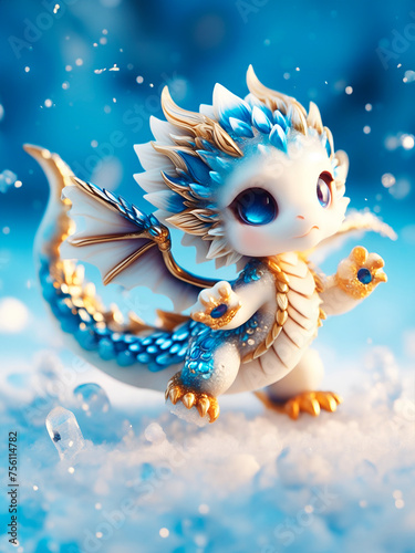 baby dragon dancing in snow, anthropomorphic cute animal with wings, blue and golden cartoon dragon, wall art for home decor, wallpaper for cellphone, mobile smart cell phone background