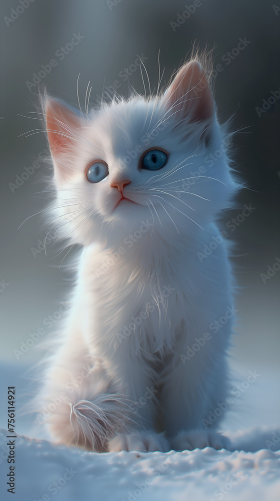 white persian cat, White and orange kitten with blue eyes walking in the snow 