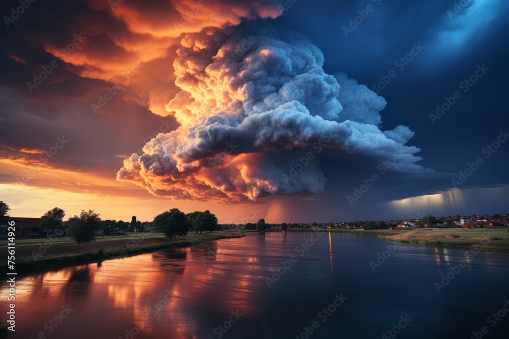 a large cloud is floating over a river at sunset