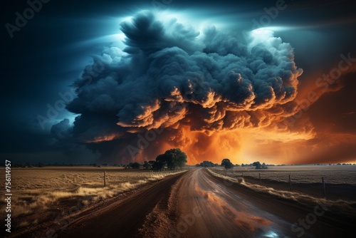 A storm cloud looms over a dirt road moving through the natural landscape