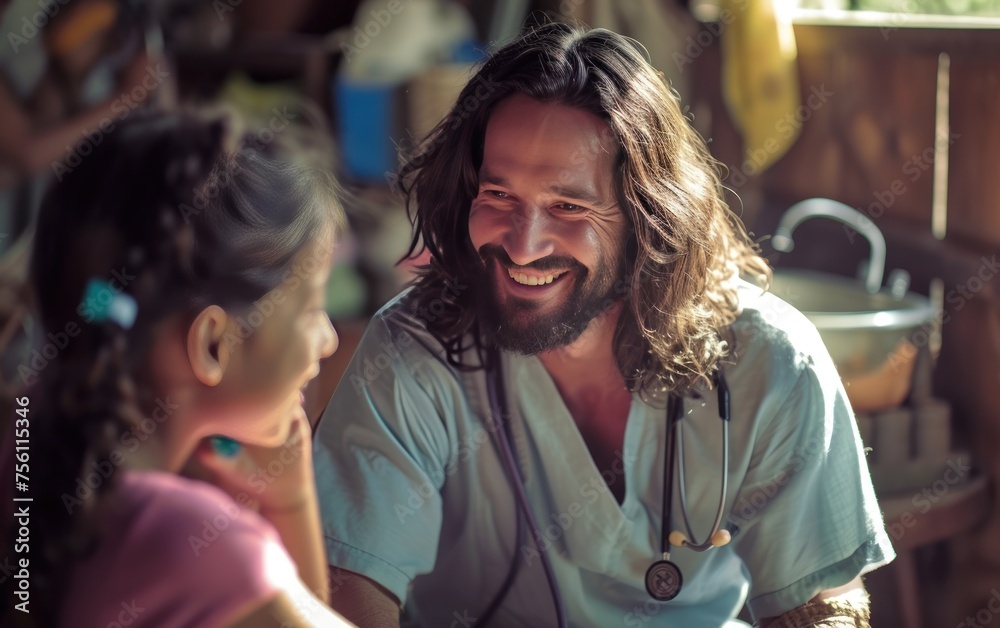 Jesus using a doctor's stethoscope with a girl