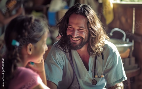 Jesus using a doctor's stethoscope with a girl