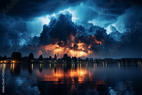 A stormy sky over a dark lake at night creates a dramatic natural landscape