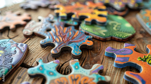 A group of intricate puzzles designed to fit seamlessly together are tered on a wooden table. Each puzzle piece is made from a selfhealing material representing the concept
