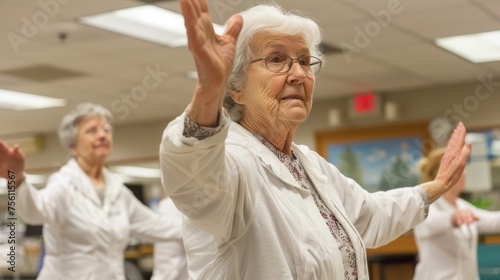 During a health education class on fall prevention seniors are seen practicing balance exercises with the guidance of a physical the in the hospitals rehabilitation gym.