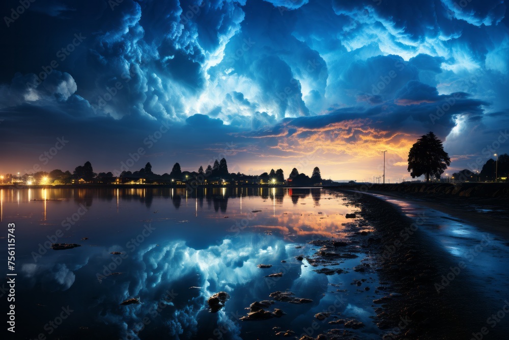 Lightning storm illuminates the night sky over the lake
