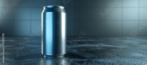 Aluminum soda can mockup on abstract background with text space for branding opportunities photo