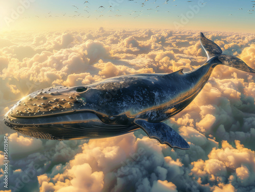 Humpback whale among clouds, sunrise backdrop, birds in flight