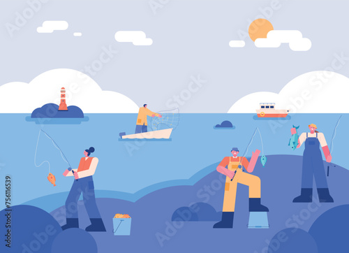 Sea background. People are catching fish with fishing rods and nets.