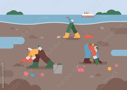 Korea's mud flat background. Fishermen are wearing work clothes and bending over to dig up clams.