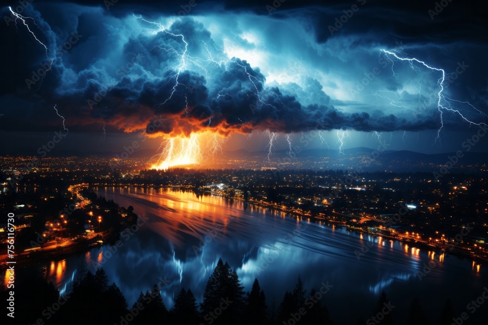 Glowing city skyline silhouetted against stormy clouds over a river
